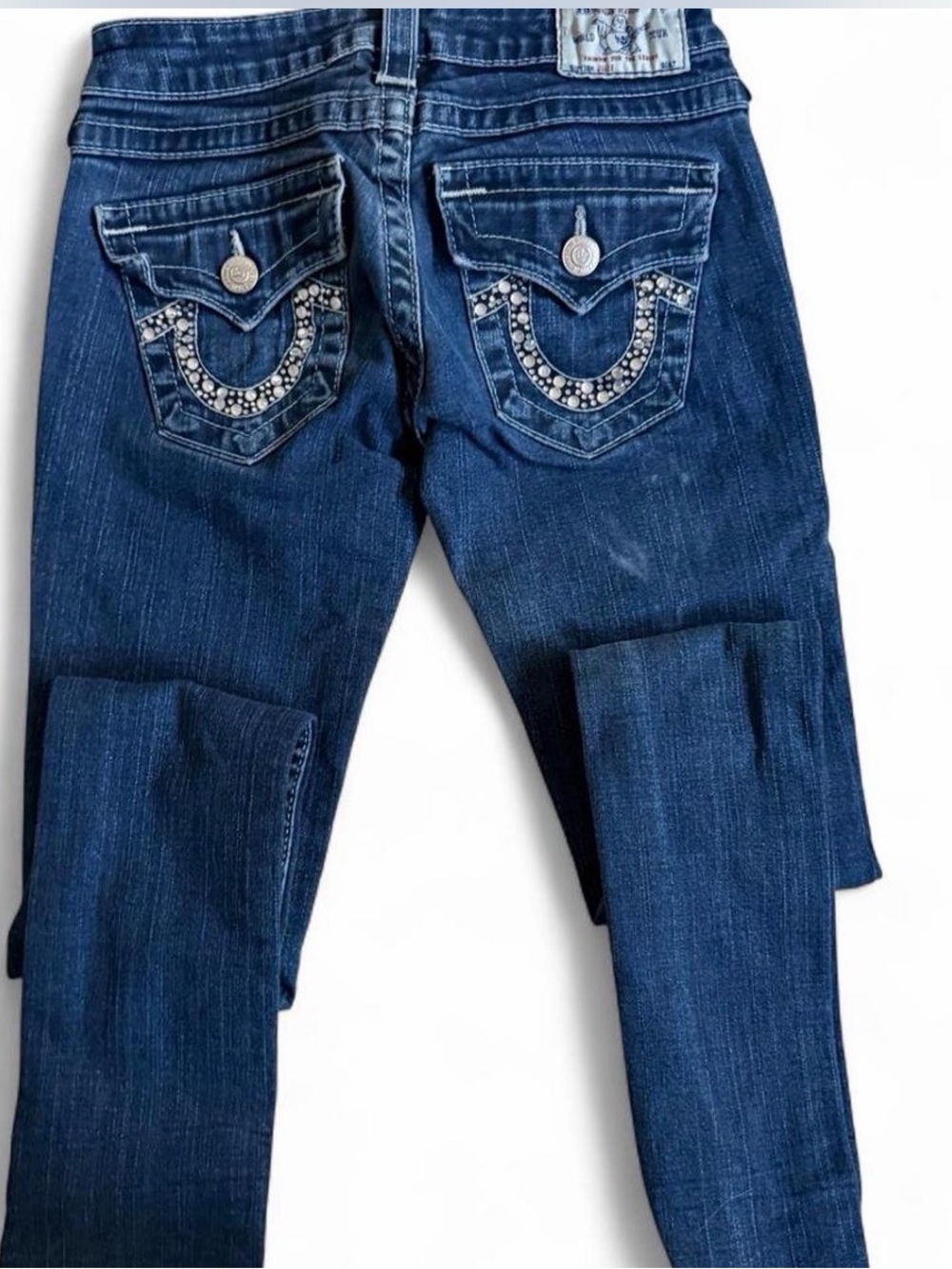 True Religion Dark Blue Rhinestone Pocket Boot Cut Jeans
